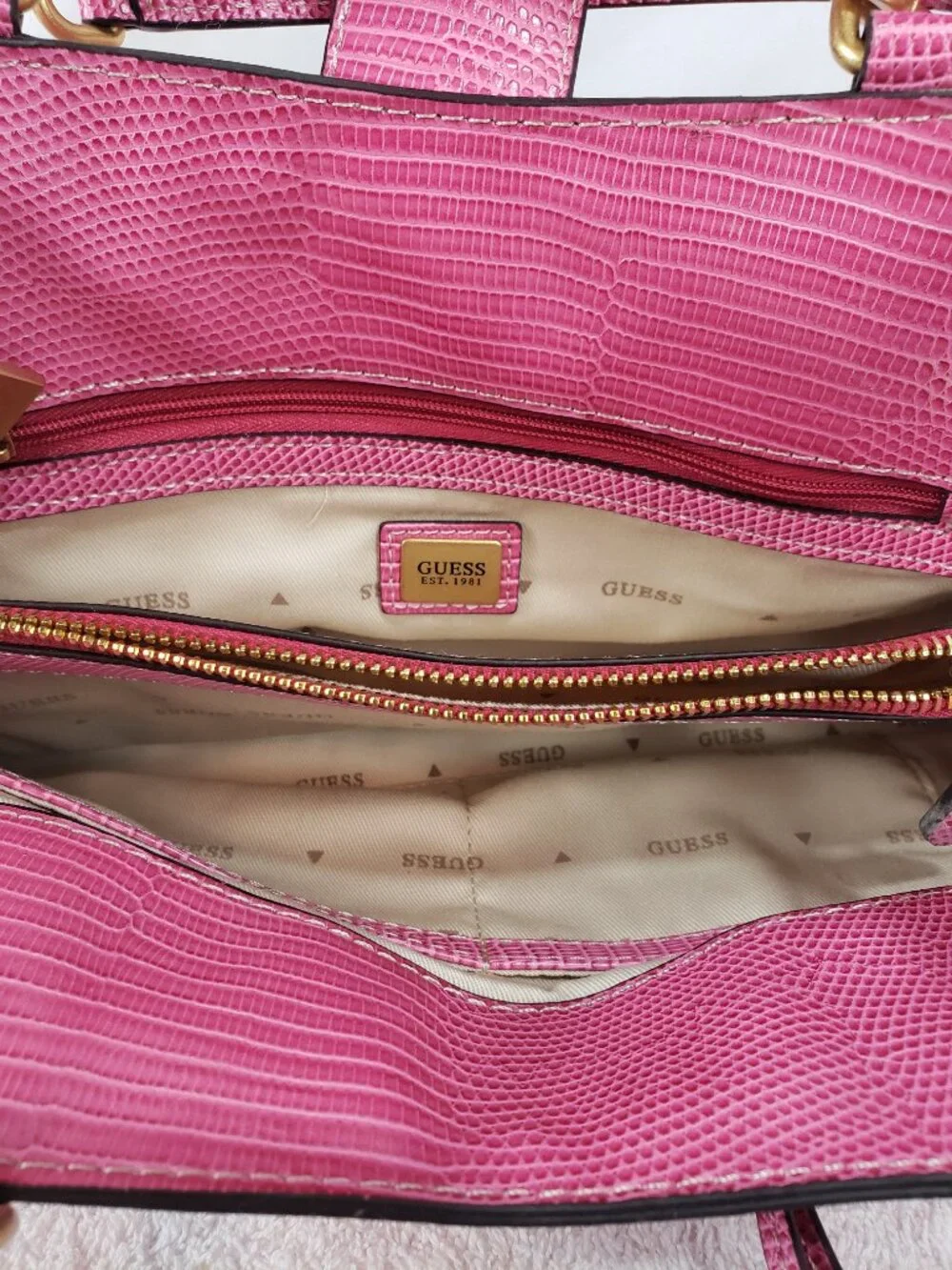 GUESS Pink Signature Satchel with Reptile Trim & Gold Hardware